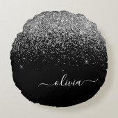 Silver Black Glitter Script Monogram Girly Name Rond Kussen (Voorkant)