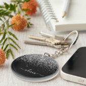 Silver Black Glitter Script Monogram Girly Name Sleutelhanger (Voorkant Rechts)
