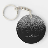 Silver Black Glitter Script Monogram Girly Name Sleutelhanger (Voorkant)