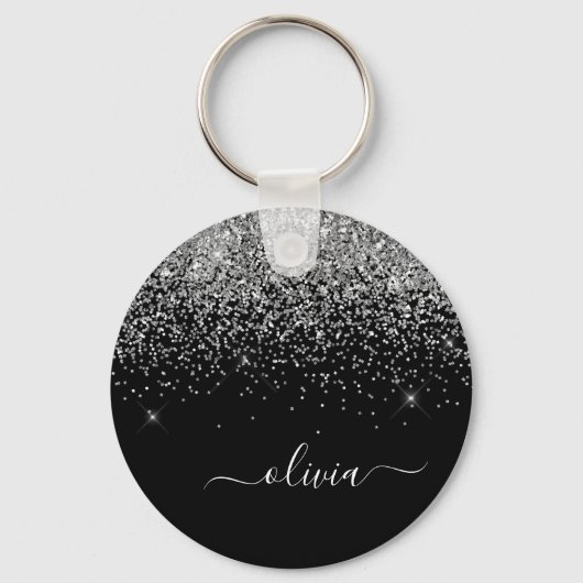 Silver Black Glitter Script Monogram Girly Name Sleutelhanger (Voorkant)