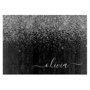 Silver Black Glitter Script Monogram Girly Name Snijplank