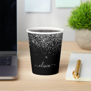 Silver Black Glitter Sparkle Monogram Paper Cups Papieren Bekers