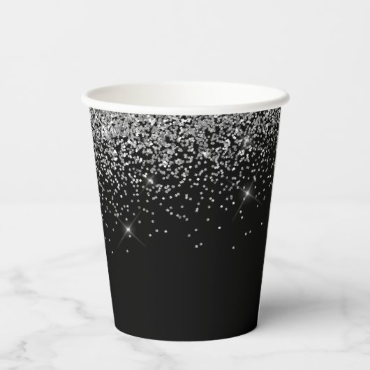 Silver Black Glitter Sparkle Monogram Paper Cups Papieren Bekers (Achterkant)