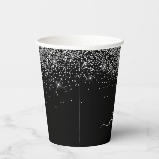 Silver Black Glitter Sparkle Monogram Paper Cups Papieren Bekers (Rechts)