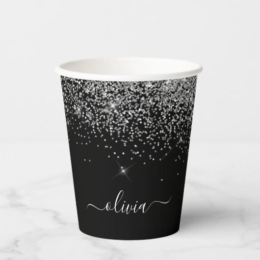 Silver Black Glitter Sparkle Monogram Paper Cups Papieren Bekers (Voorkant)