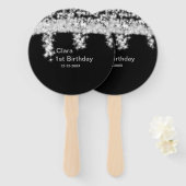 Silver Black glitter voegt naam verjaardagsjaar t Handwaaier (Voorkant en achterkant)