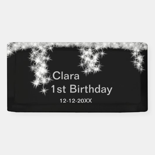 Silver Black glitter voegt naam verjaardagsjaar t  Spandoek (Horizontaal)