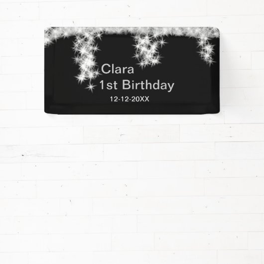 Silver Black glitter voegt naam verjaardagsjaar t  Spandoek (Insitu)