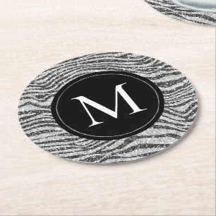 Silver Black Glitz Zebra Glitter Monogram Ronde Kartonnen Onderzetter