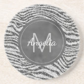 Silver Black Glitzy Zebra Glitter Monogram Zandsteen Onderzetter (Voorkant)