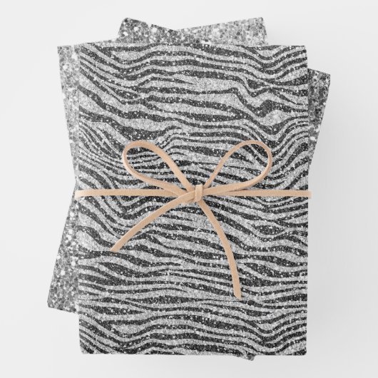 Silver Black Glitzy Zebra Print Glitter Inpakpapier Vel (In situ)