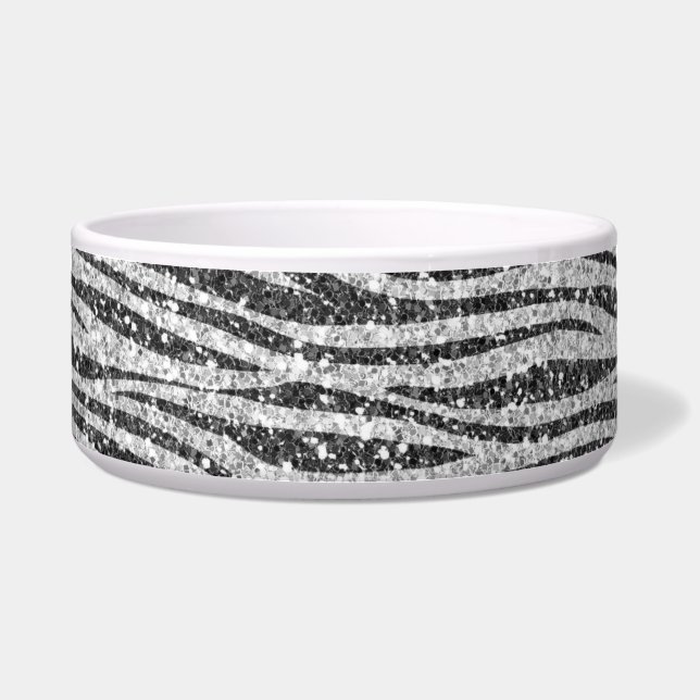 Silver Black Glitzy Zebra Print Glitter     Voerbakje (Voorkant)