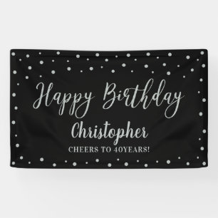 Silver & Black Happy Birthday Party-banner Spandoek