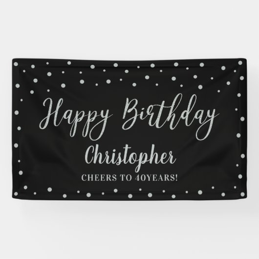Silver & Black Happy Birthday Party-banner Spandoek (Horizontaal)