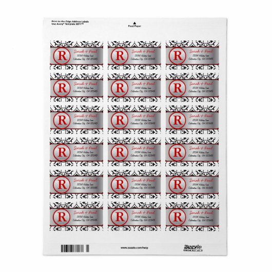 Silver Black Heart Damask Rood label voor RSVP (Full Sheet)