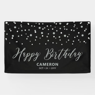 Silver & Black Hexagon Confetti Happy Birthday Ban Spandoek