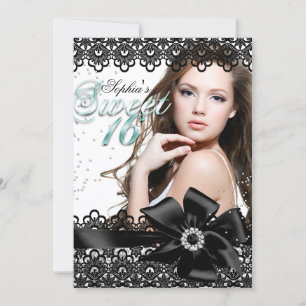 Silver Black Jade Lace Photo Sweet 16 Invite Kaart