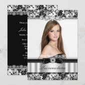 Silver & Black Lace Photo Quinceanera Invitation (Devant / Derrière)