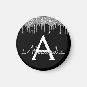 Silver Black Luxury Glitter Glam Monogram Naam Magneet