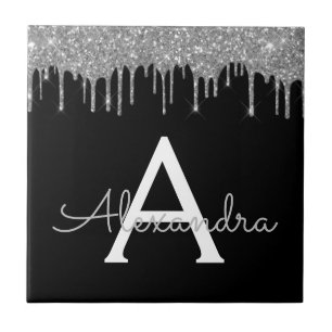 Silver Black Luxury Glitter Glam Monogram Naam Tegeltje