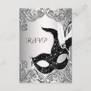 Silver Black Mask Masquerade Party RSVP Kaartje