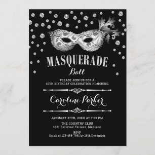 Silver Black Masquerade Ball Birthday Party Kaart