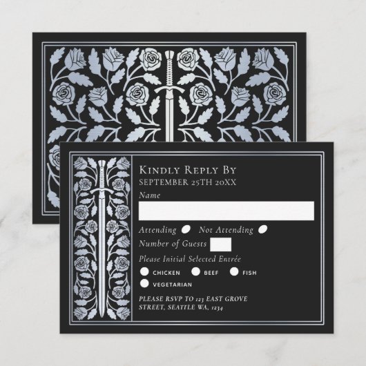 Silver Black Medieval Sword Wedding RSVP (Devant / Derrière)
