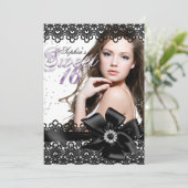 Silver Black Purple Lace Photo Sweet 16 Invitation (Debout devant)