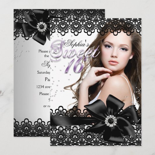 Silver Black Purple Lace Photo Sweet 16 Invitation (Devant / Derrière)