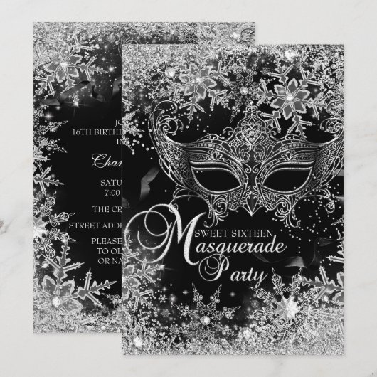 Silver Black Snowflake Masquerade Sweet 16 Kaart (Voorkant / Achterkant)