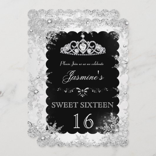 Silver Black Winter Wonderland doux 16 Invitation (Devant / Derrière)