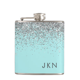 Silver Blauwgroen Aqua Blue Girly Glitter Monogram Heupfles