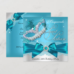 Silver Blauwgroen Bow Masquerade Sweet Sixteen Inv Kaart
