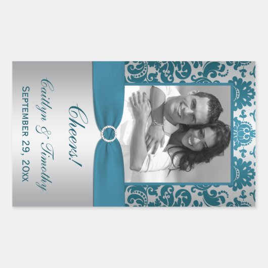 Silver.Blauwgroen Damask Photo Wijnlabel Sticker (Voorkant)