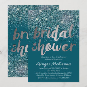 Silver & Blauwgroen Glitter Bruids Douche Uitnodig Kaart