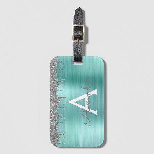 Silver Blauwgroen Glitter geborsteld Metaal Monogr Bagagelabel (Voorkant (verticaal))