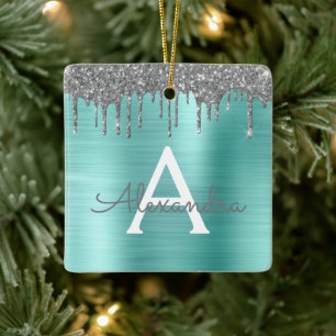Silver Blauwgroen Glitter geborsteld Metaal Monogr Keramisch Ornament