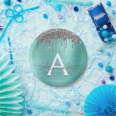 Silver Blauwgroen Glitter geborsteld Metaal Monogr Papieren Bordje (Feest)