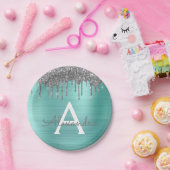 Silver Blauwgroen Glitter geborsteld Metaal Monogr Papieren Bordje (Feest)