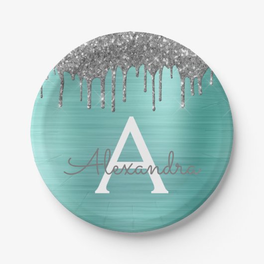 Silver Blauwgroen Glitter geborsteld Metaal Monogr Papieren Bordje (Voorkant)