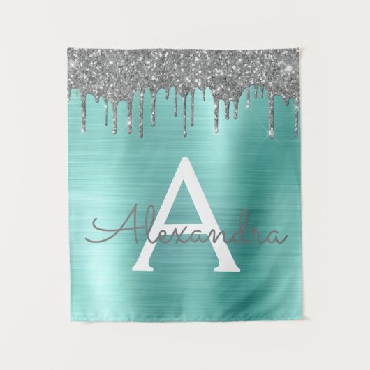 Silver Blauwgroen Glitter geborsteld Metaal Monogr Wandkleed (Voorkant)