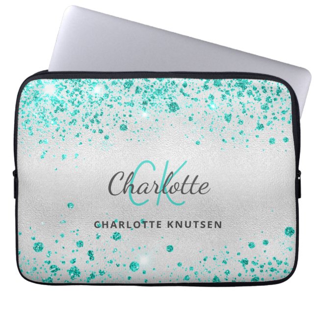 Silver blauwgroen glitter groene monogram laptop sleeve (Voorkant)