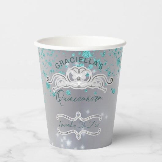 Silver Blauwgroen Jeweled Tiara Quinceañera Papieren Bekers (Voorkant)
