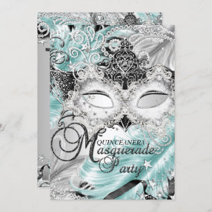 Silver Blauwgroen Sparkle Masquerade Quinceanera Kaart