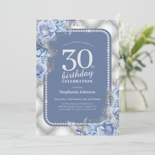 Silver Blue 30th Birthday Invitation (Debout devant)