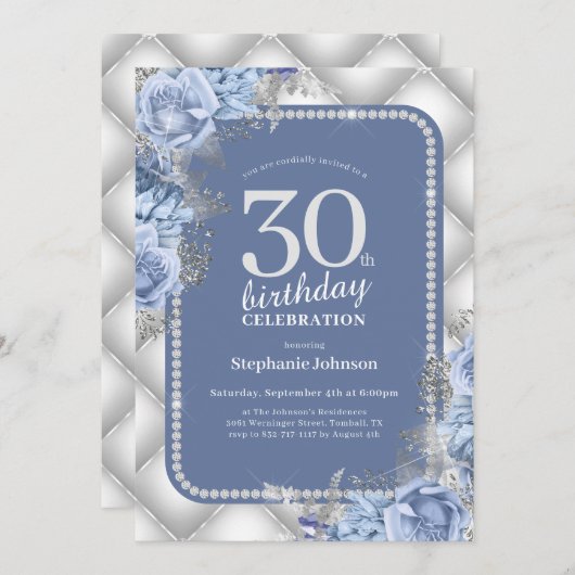 Silver Blue 30th Birthday Invitation (Devant / Derrière)
