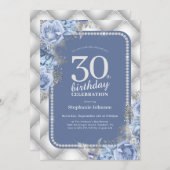Silver Blue 30th Birthday Invitation Kaart (Voorkant / Achterkant)