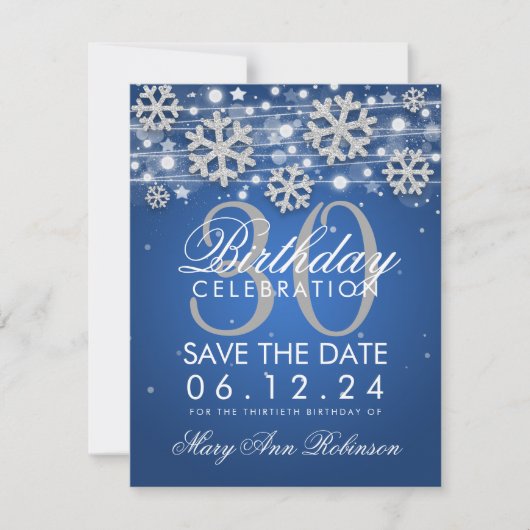 Silver Blue 30th Birthday Save Date Winter Save The Date (Voorkant)