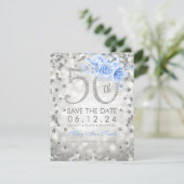 Silver Blue 50th Birthday Glam Lights Save The Date (Staand voorkant)