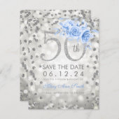 Silver Blue 50th Birthday Glam Lights Save The Date (Voorkant / Achterkant)